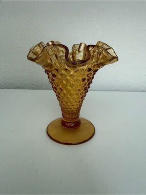 Vintage Fenton Amber Hobnail Ruffled Trumpet Bud Vase 4"